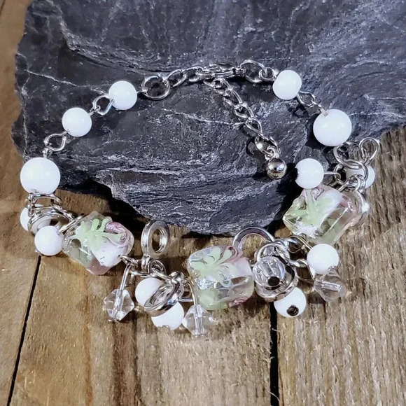 Vintage Murano Glass Beads White Silver Baubles Charm Bracelet Style C - Picture 4 of 5